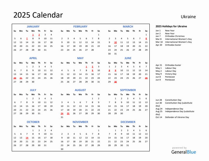 2025 Calendar with Holidays for Ukraine