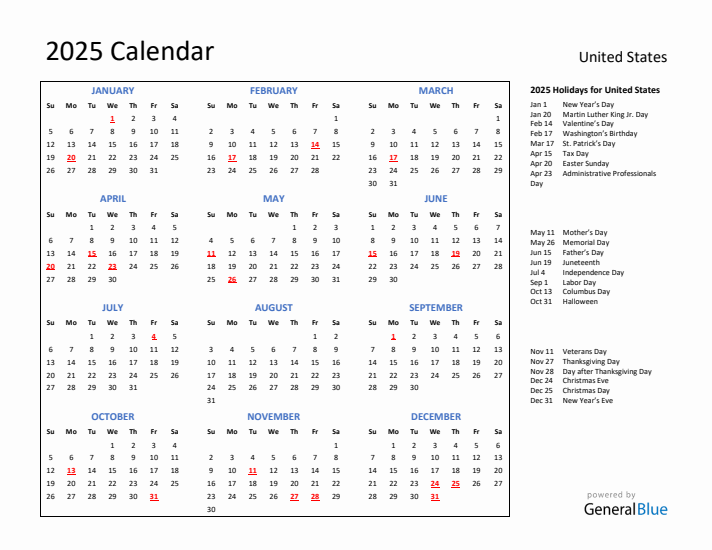 2025 Calendar with Holidays for United States