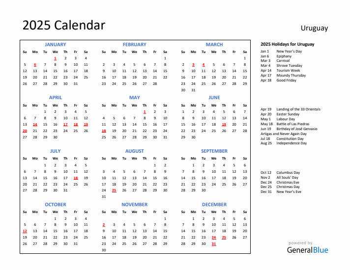 2025 Calendar with Holidays for Uruguay