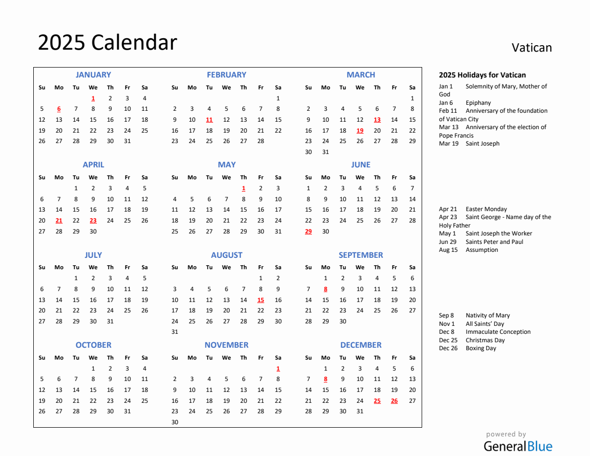 2025 Calendar with Holidays for Vatican