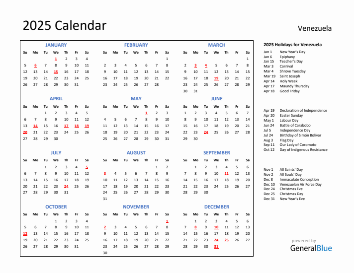 2025 Calendar with Holidays for Venezuela
