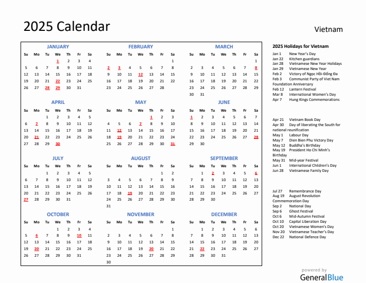 2025 Calendar with Holidays for Vietnam