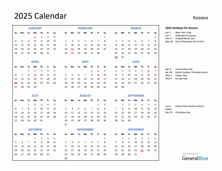 2025 Calendar with Holidays for Kosovo