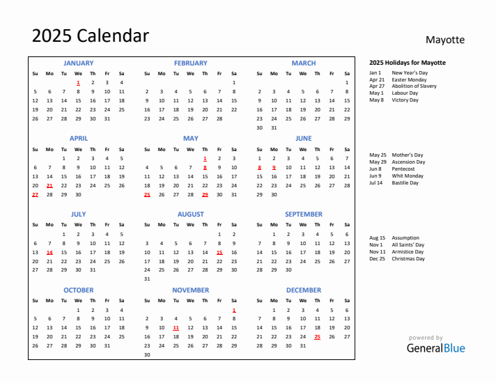 2025 Calendar with Holidays for Mayotte