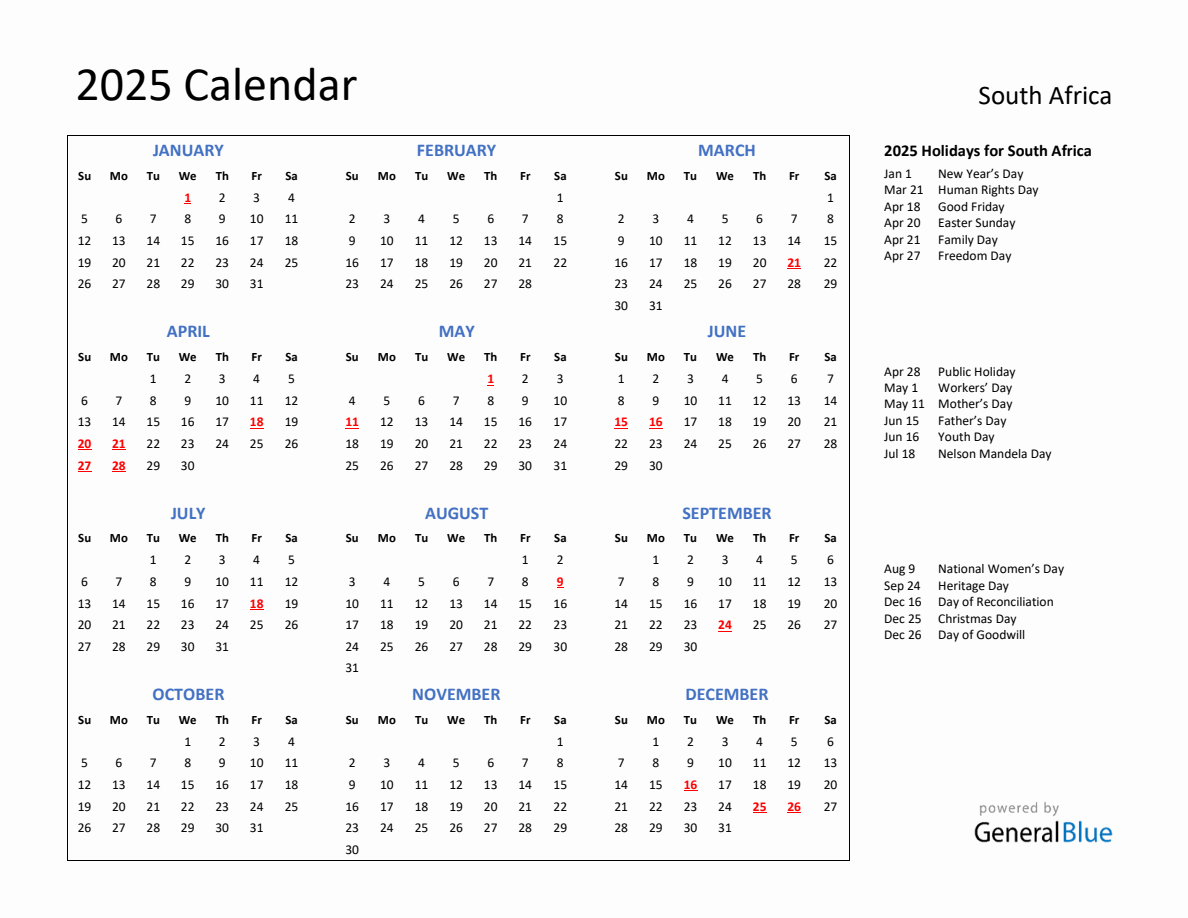 2025 Calendar with Holidays for South Africa