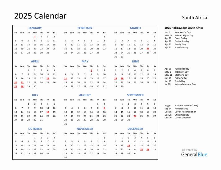 2025 Calendar with Holidays for South Africa