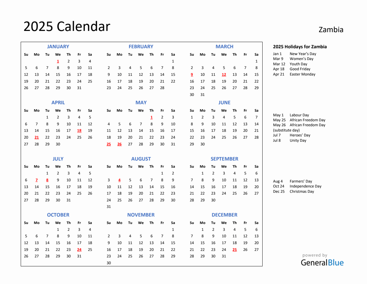 2025 Calendar with Holidays for Zambia