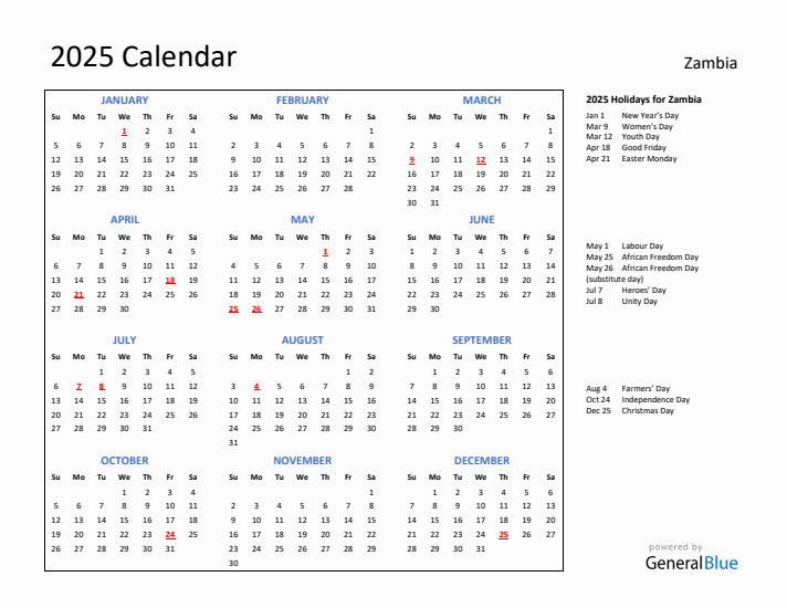 2025 Calendar with Holidays for Zambia