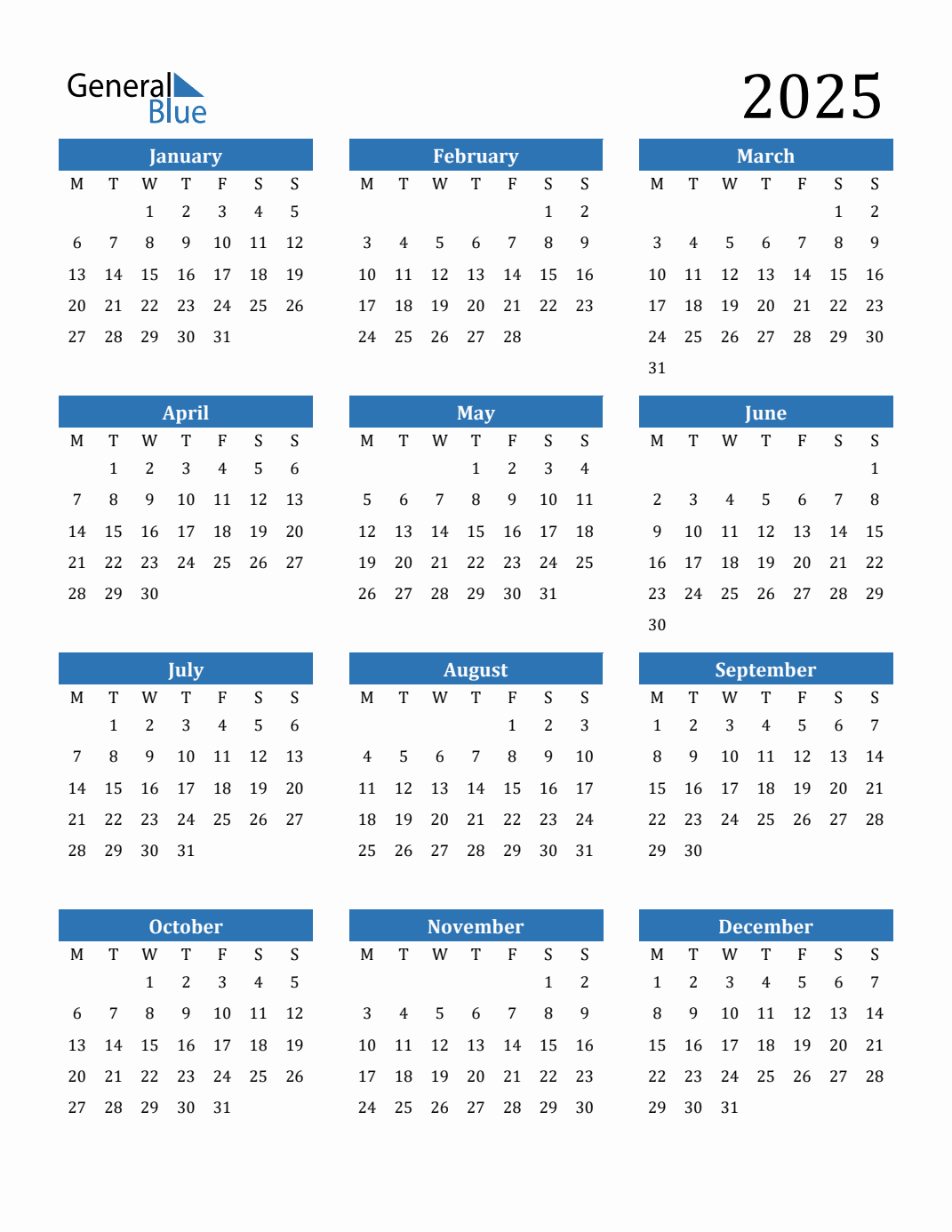 2025 Calendar with Monday Start