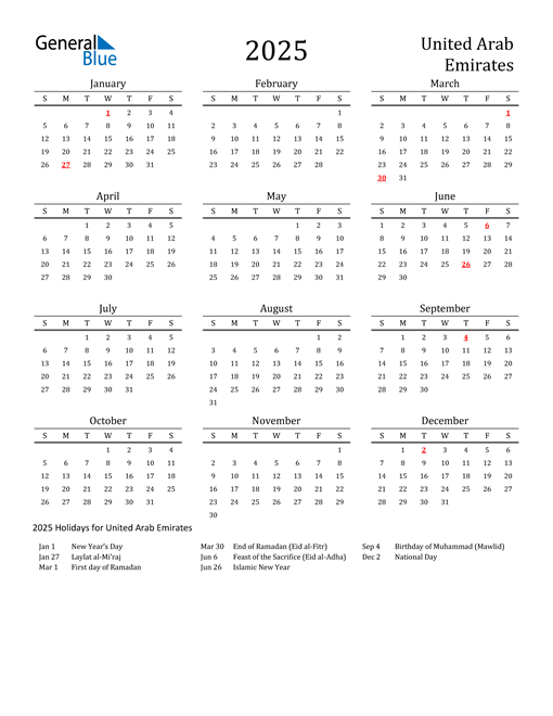 2025 United Arab Emirates Calendar with Holidays