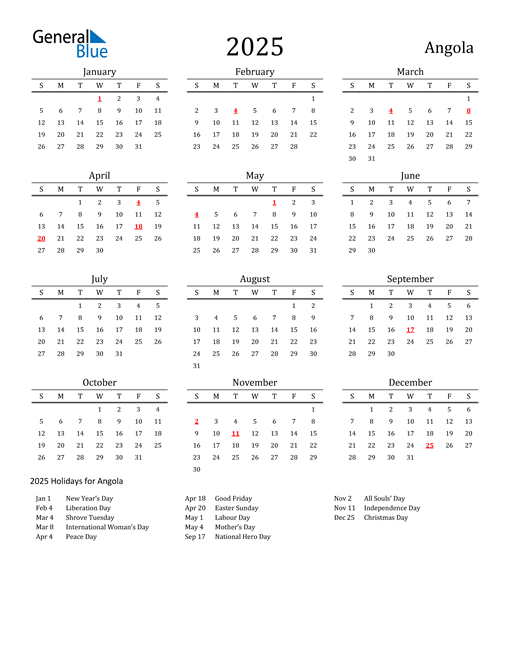 2025 Angola Calendar With Holidays