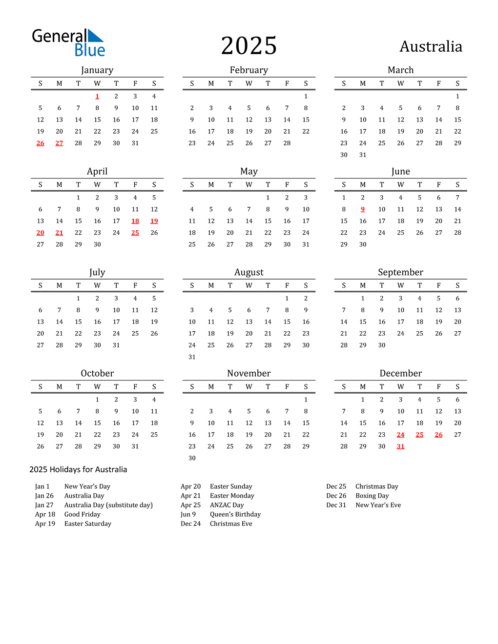 2025 Australia Calendar with Holidays