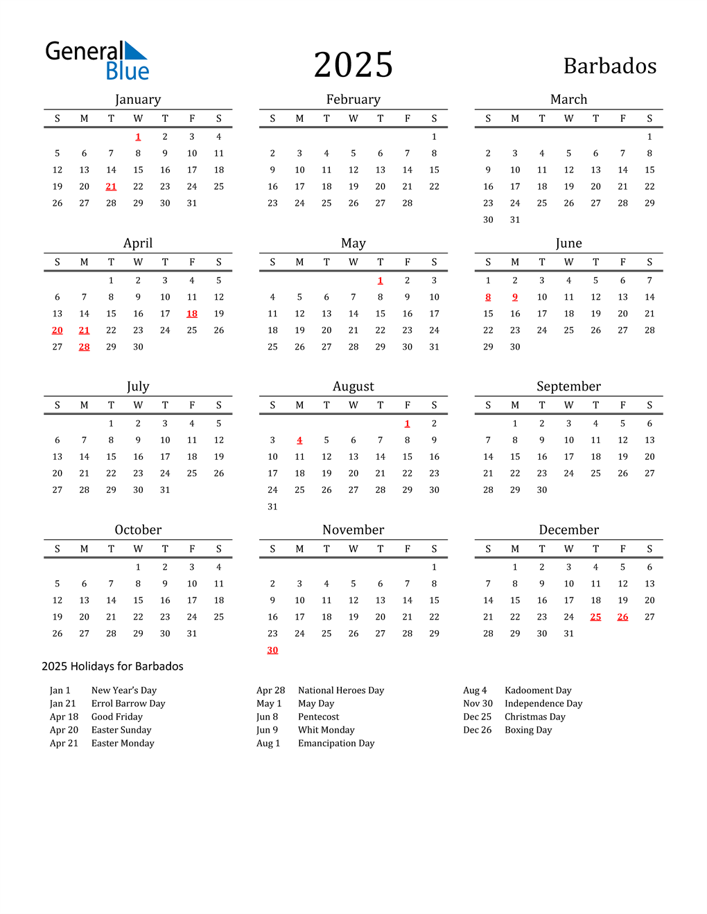 2025 Barbados Calendar with Holidays