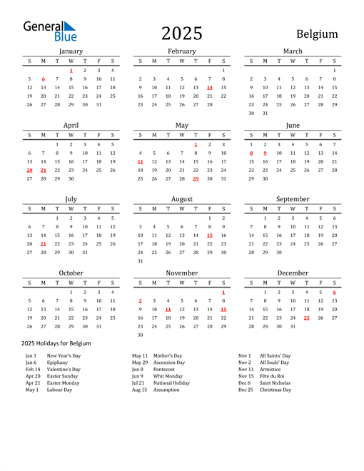 2025 Belgium Calendar with Holidays