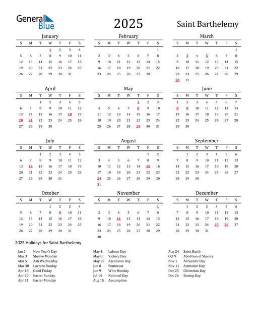 Saint Barthelemy Holidays Calendar for 2025