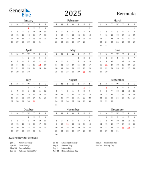 Bermuda Holidays Calendar for 2025