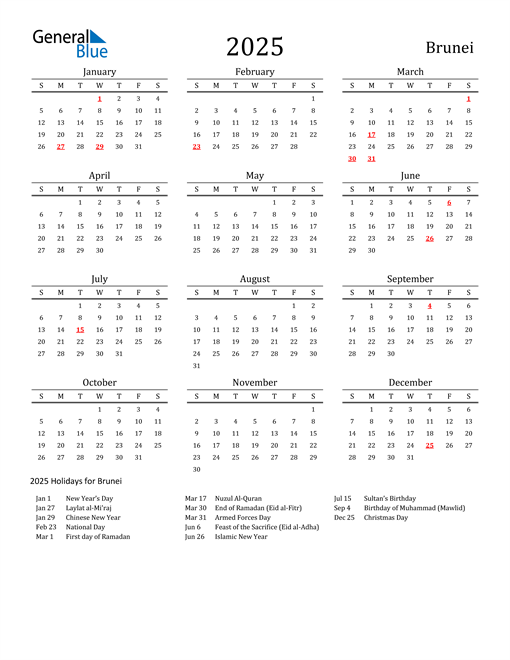 2025 Brunei Calendar with Holidays