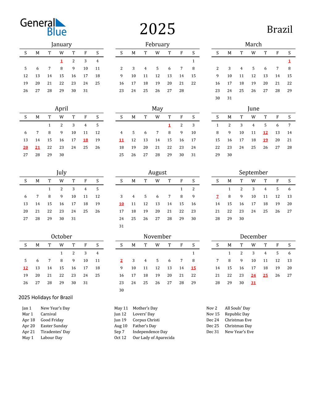 2025 Brazil Calendar with Holidays