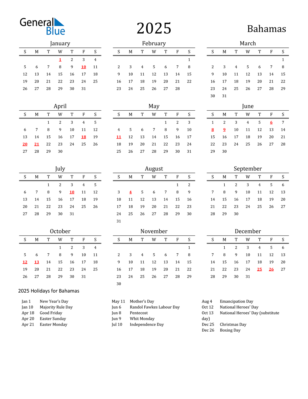 2025 Bahamas Calendar with Holidays