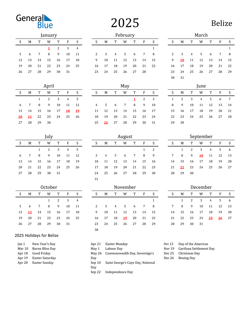 2025 Belize Calendar with Holidays