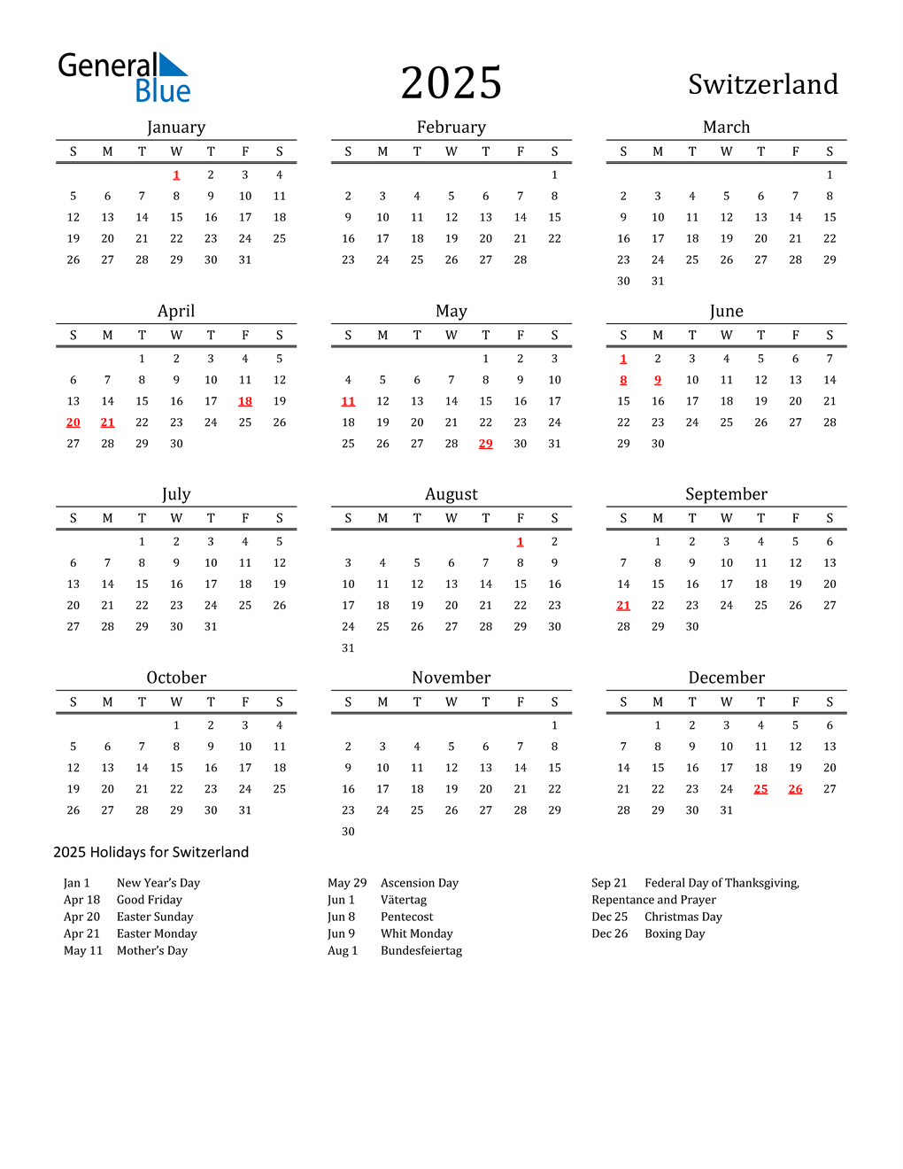 2025 Switzerland Calendar with Holidays