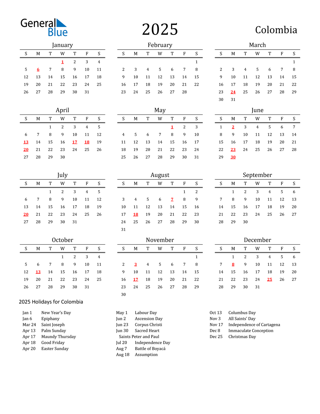 2025 Colombia Calendar with Holidays