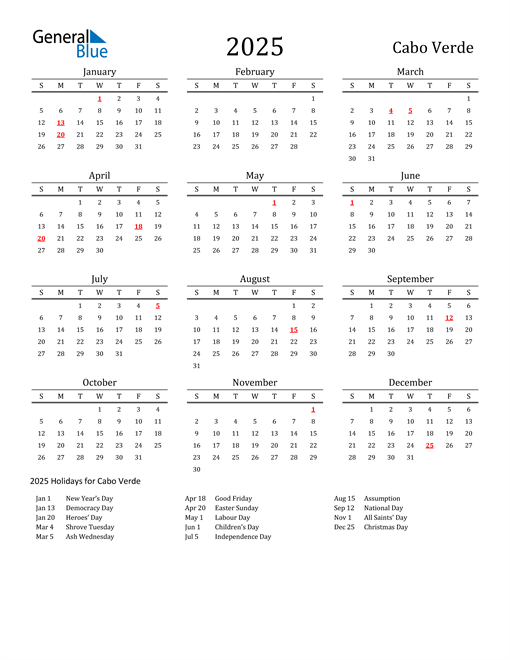 2025 Cabo Verde Calendar with Holidays