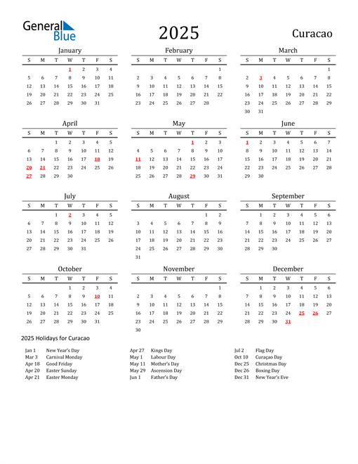 Curacao Holidays Calendar for 2025