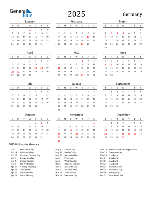 Germany Holidays Calendar for 2025