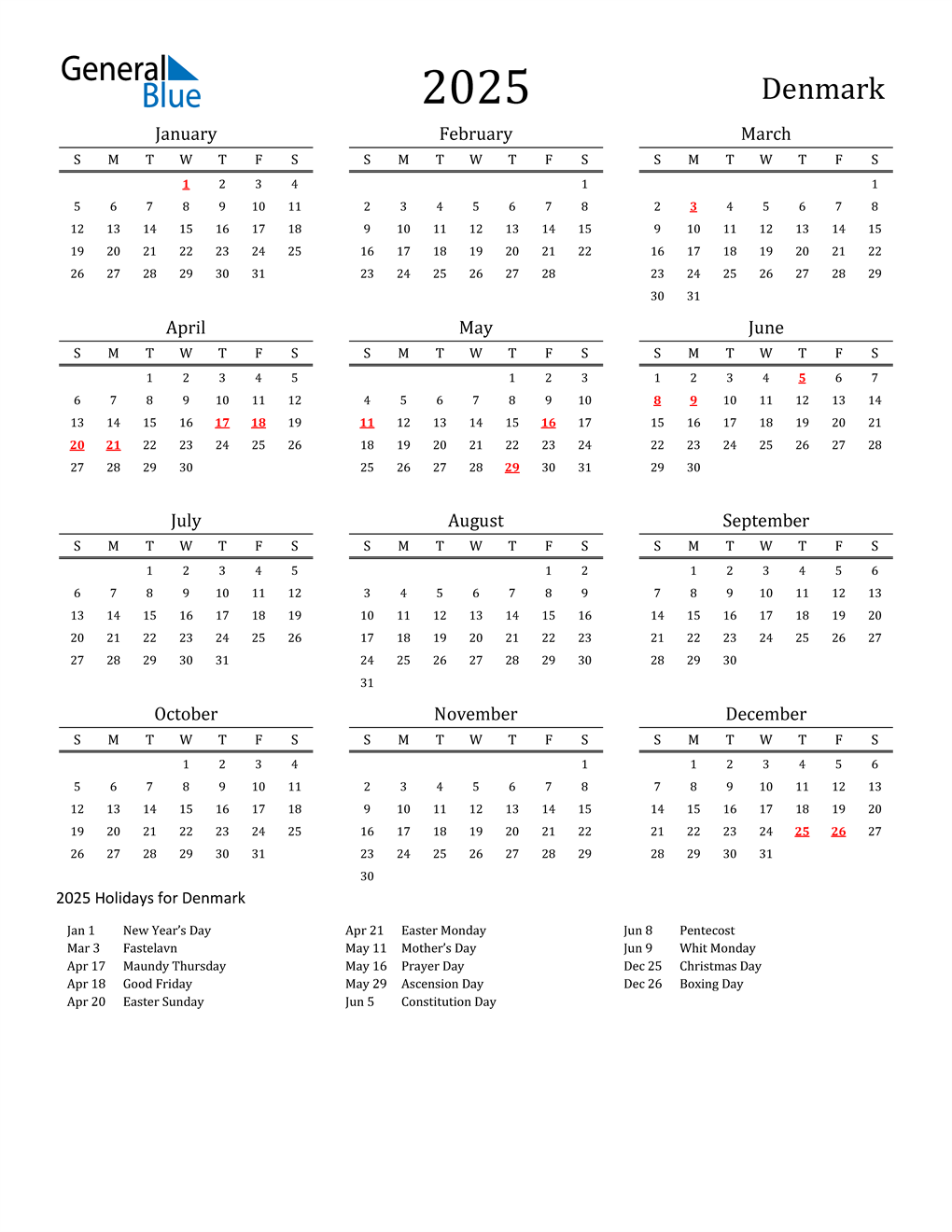 2025 Denmark Calendar with Holidays