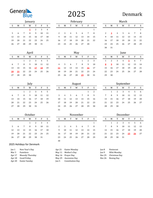 2025 Denmark Calendar with Holidays