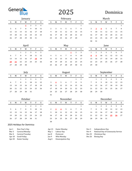 Dominica Holidays Calendar for 2025