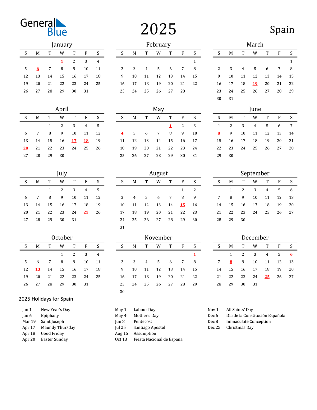 2025 Spain Calendar with Holidays