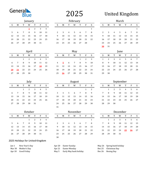 2025 United Kingdom Calendar with Holidays