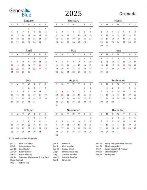 Grenada Holidays Calendar for 2025