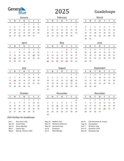 2025 Guadeloupe Calendar with Holidays