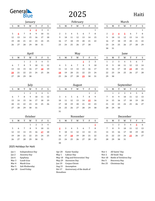 Haiti Holidays Calendar for 2025