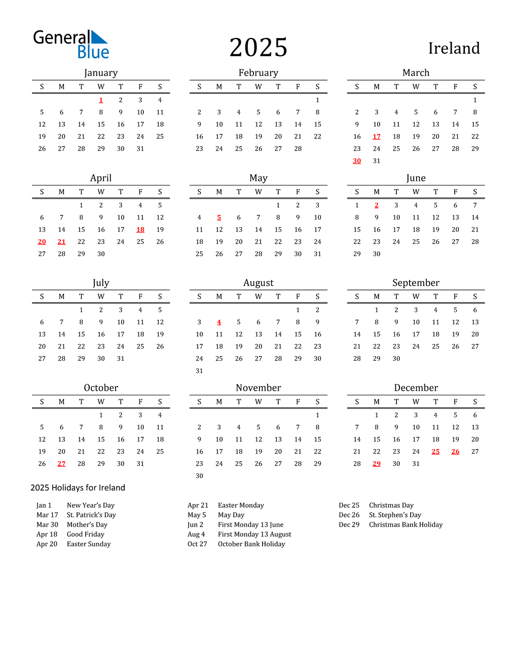 2025 Ireland Calendar with Holidays