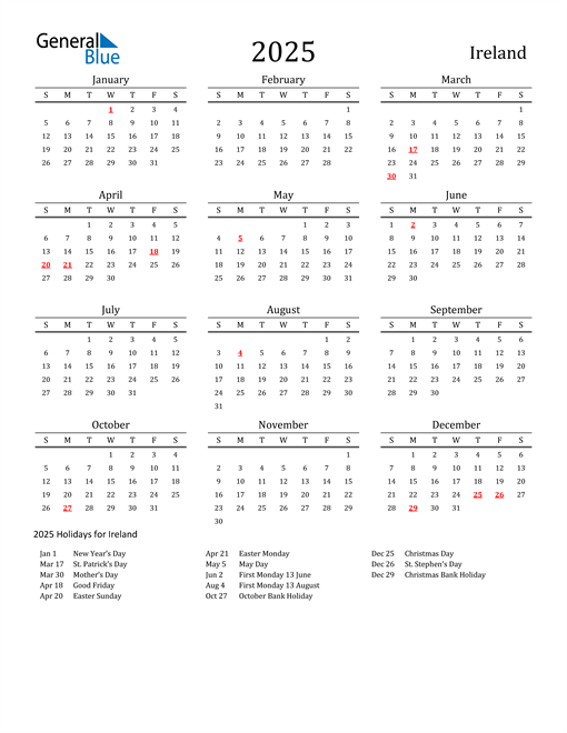 2025 Ireland Calendar with Holidays