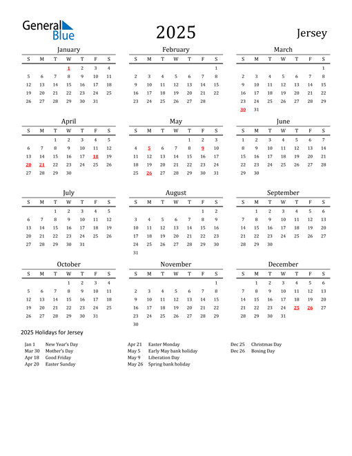 2025 Jersey Calendar with Holidays