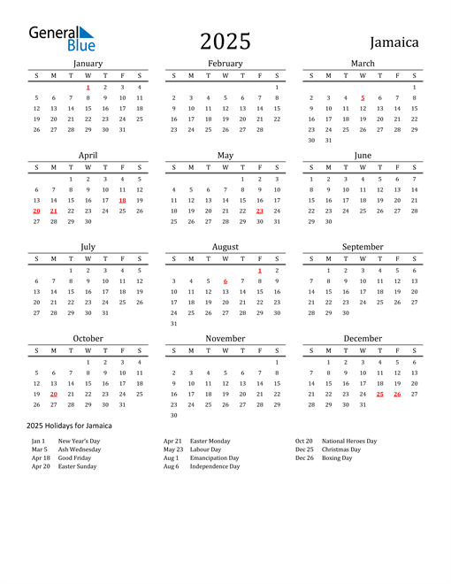 Jamaica Holidays Calendar for 2025