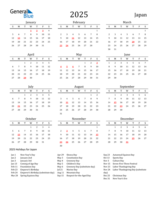 2025 Japan Calendar with Holidays