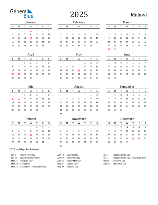 Malawi Holidays Calendar for 2025