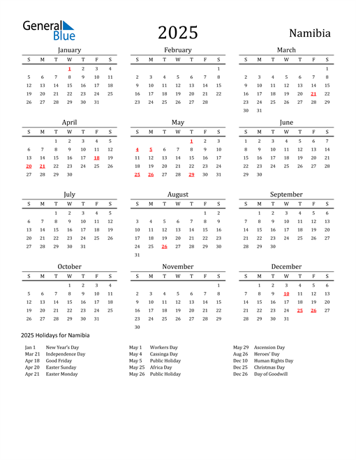 Namibia Holidays Calendar for 2025