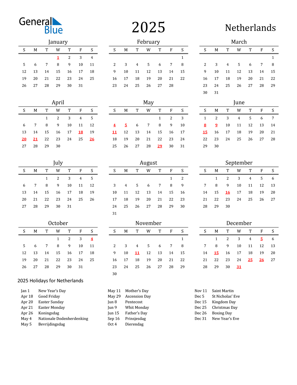 2025 Netherlands Calendar with Holidays