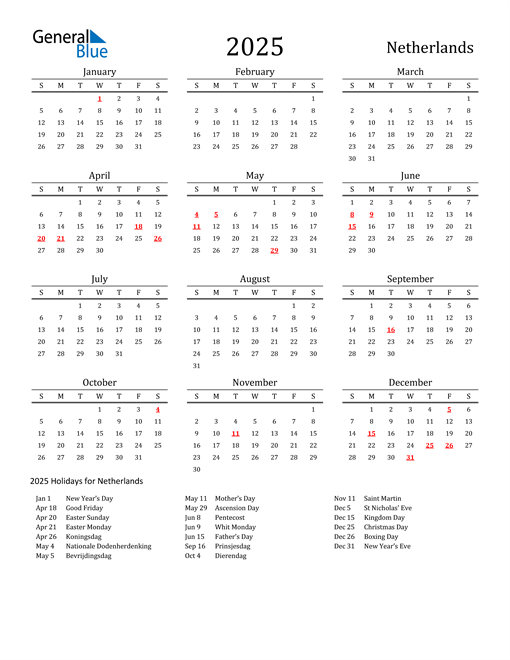 Calendar 2025 With Holidays Netherlands 