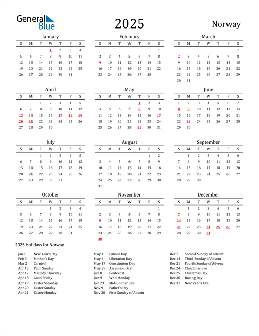 2025 Norway Calendar with Holidays