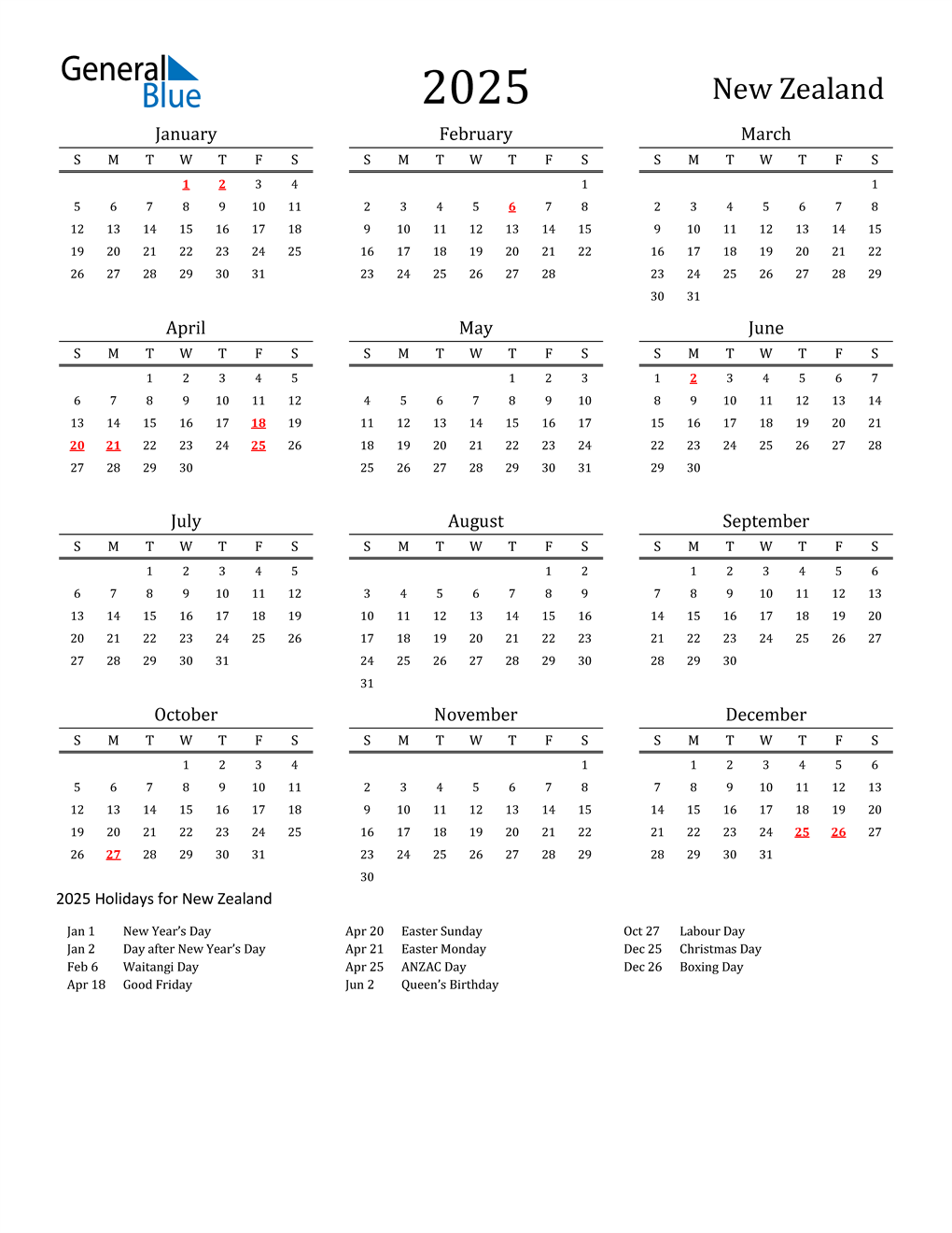 2025 New Zealand Calendar with Holidays