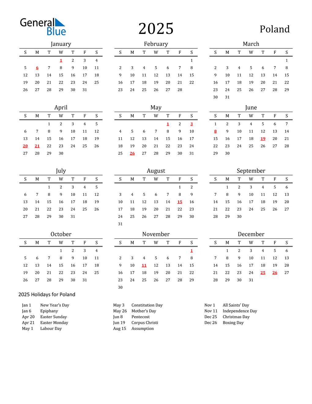 2025 Poland Calendar with Holidays