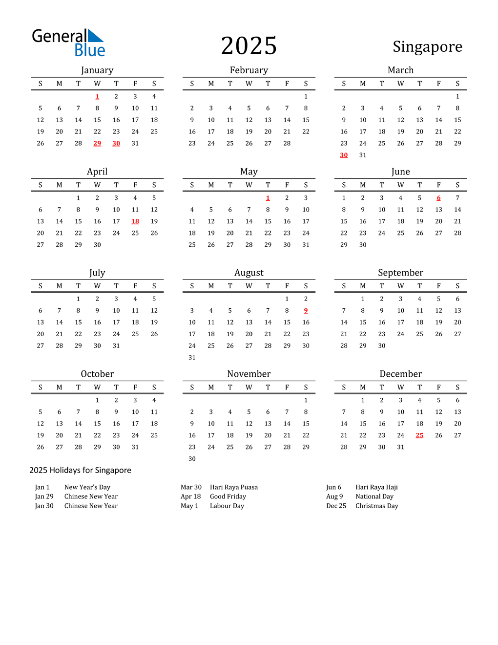 2025 Singapore Calendar with Holidays